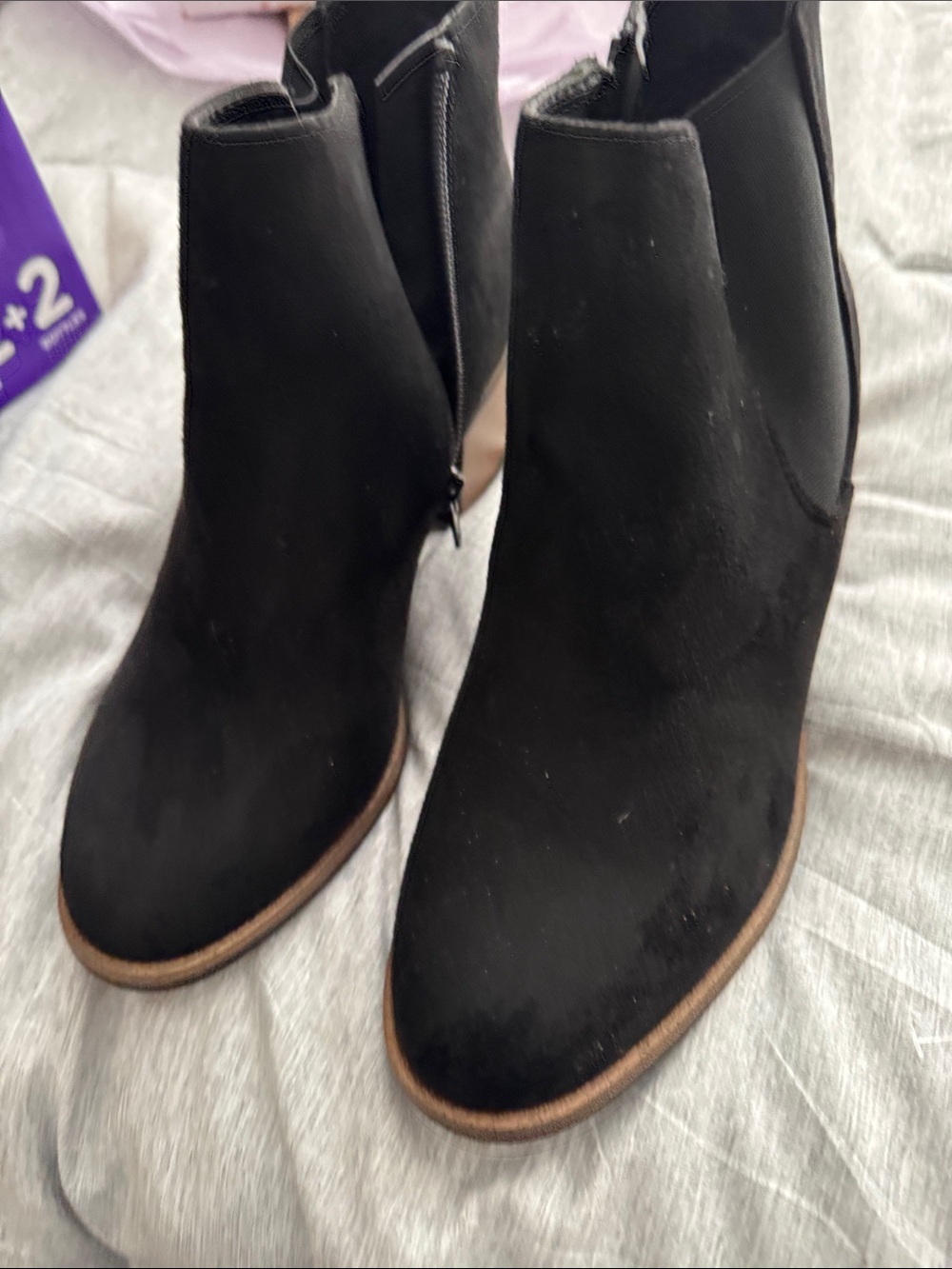White Mountain Black Suede Ankle Booties with Brown Trim